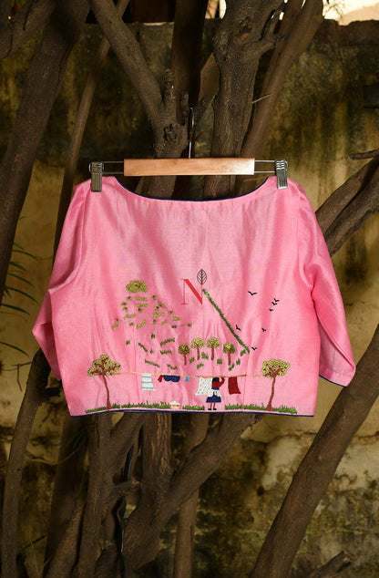 Pink Pure Silk Chanderi Hand Embroidered Designer Blouse