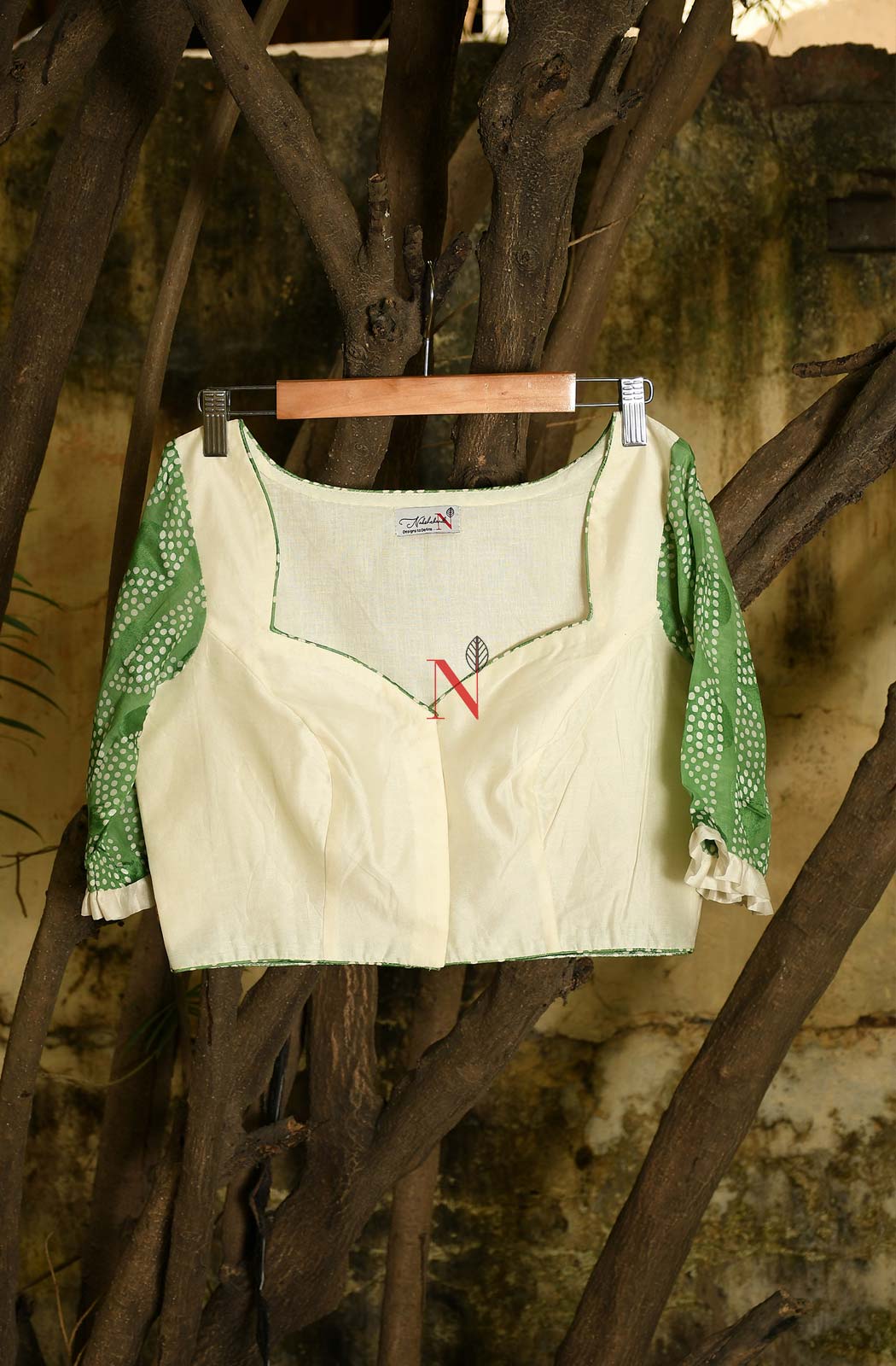 Cream & Green Pure Silk Chanderi Hand Embroidered Designer Blouse - Naksheband