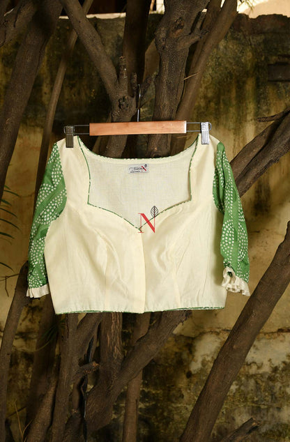 Cream & Green Pure Silk Chanderi Hand Embroidered Designer Blouse - Naksheband