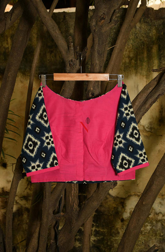 Pink & Blue Pure Silk Chanderi Hand Embroidered Designer Blouse - Naksheband
