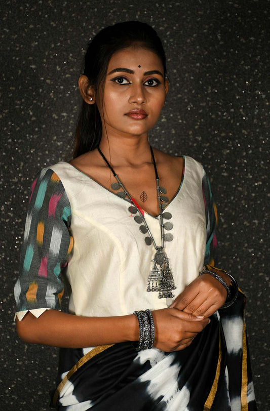 Cream & Grey Pure Silk Chanderi Hand Embroidered Designer Blouse - Naksheband