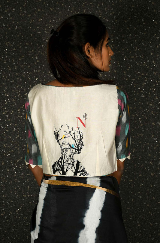 Cream & Grey Pure Silk Chanderi Hand Embroidered Designer Blouse - Naksheband