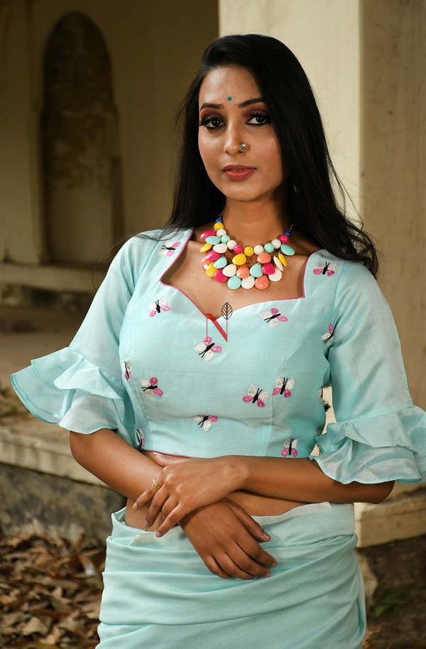 Sea Green Pure Silk Chanderi Hand Embroidered Designer Blouse