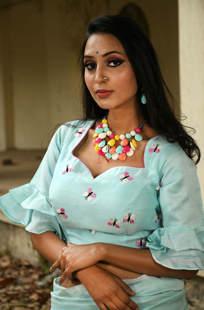 Sea Green Pure Silk Chanderi Hand Embroidered Designer Blouse
