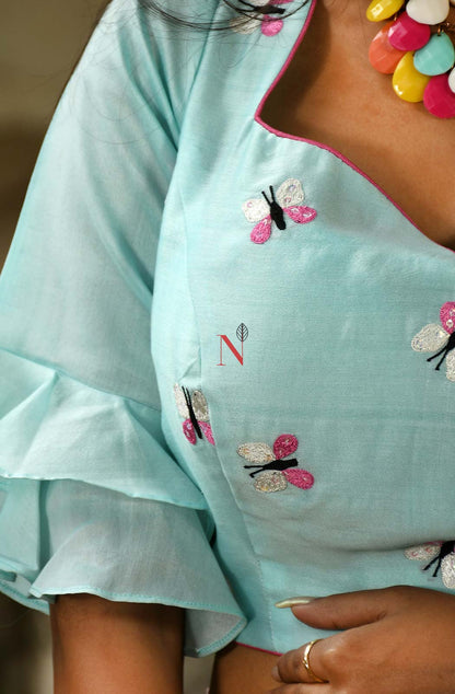 Sea Green Pure Silk Chanderi Hand Embroidered Designer Blouse