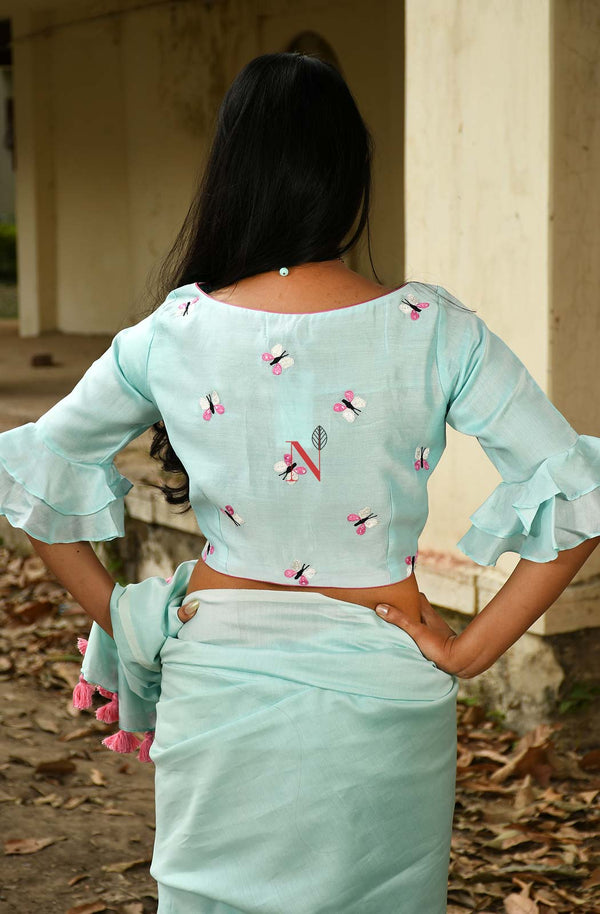 Sea Green Pure Silk Chanderi Hand Embroidered Designer Blouse