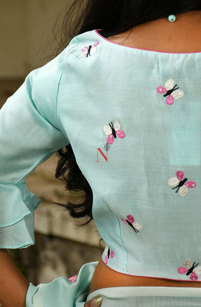 Sea Green Pure Silk Chanderi Hand Embroidered Designer Blouse