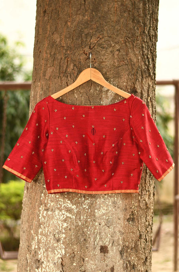 Red Pure Muga Silk Hand Embroidered Designer Blouse