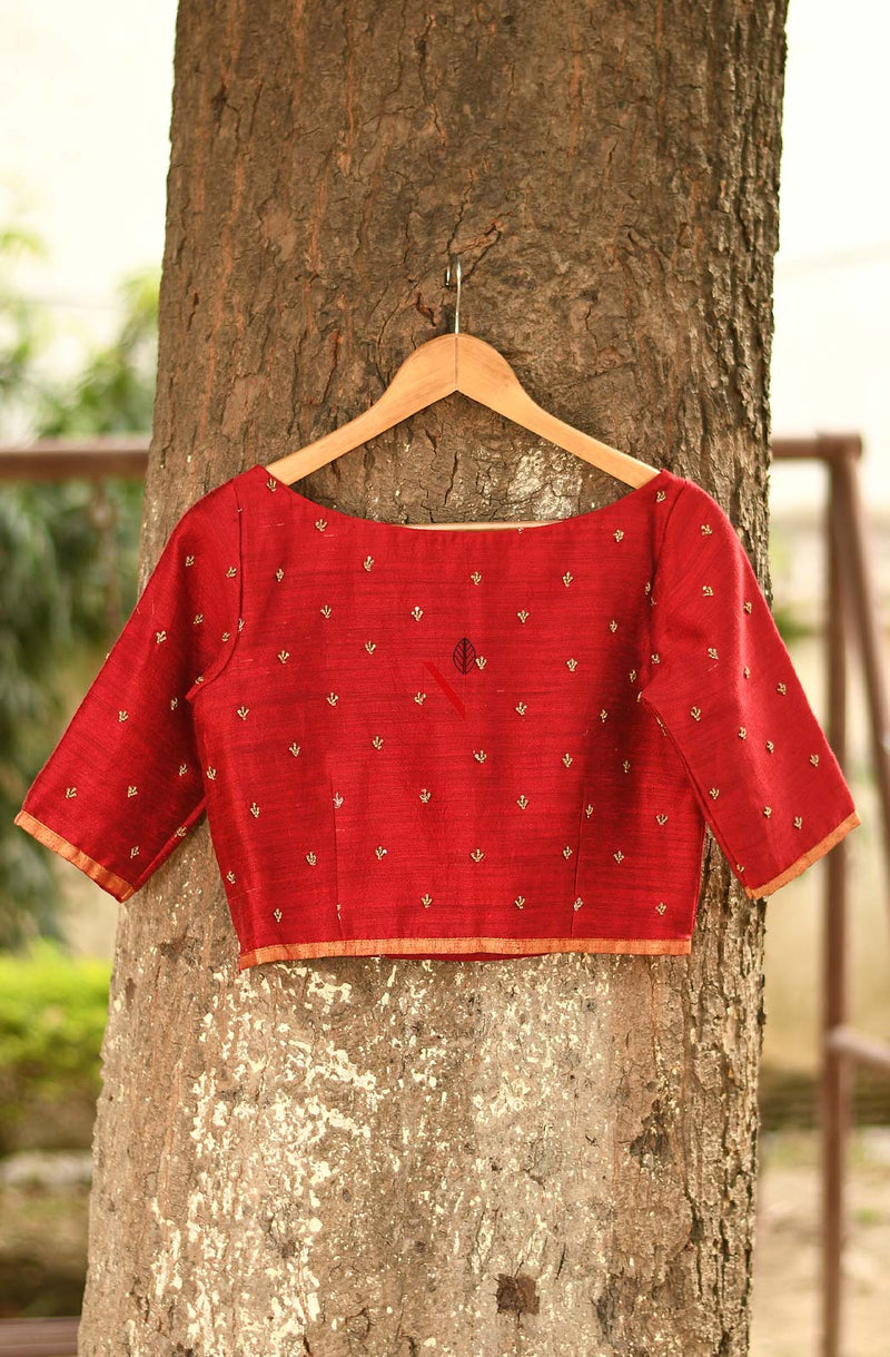 Red Pure Muga Silk Hand Embroidered Designer Blouse