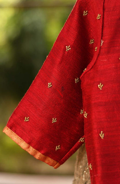 Red Pure Muga Silk Hand Embroidered Designer Blouse - Naksheband