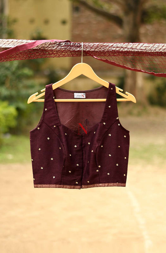 Wine Pure Muga Silk Hand Embroidered Designer Blouse - Naksheband