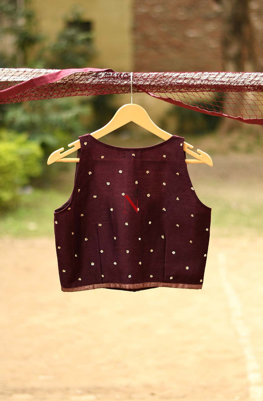 Wine Pure Muga Silk Hand Embroidered Designer Blouse - Naksheband