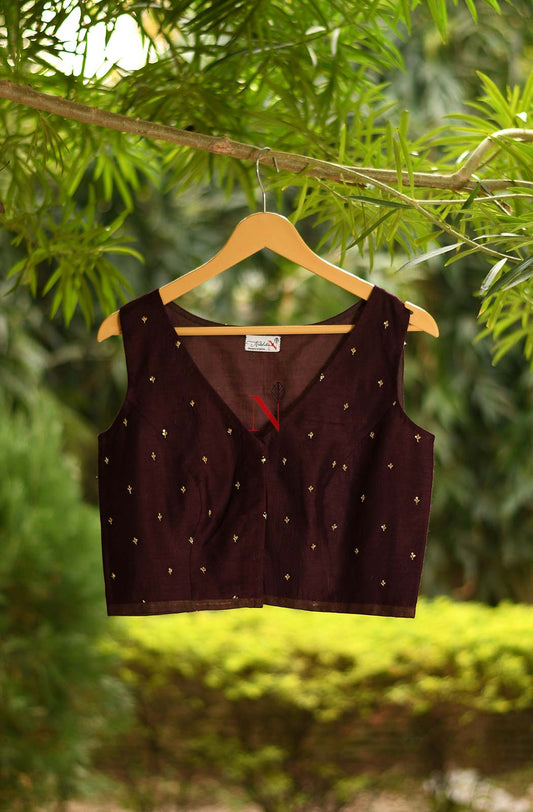 Wine Pure Muga Silk Hand Embroidered Designer Blouse - Naksheband