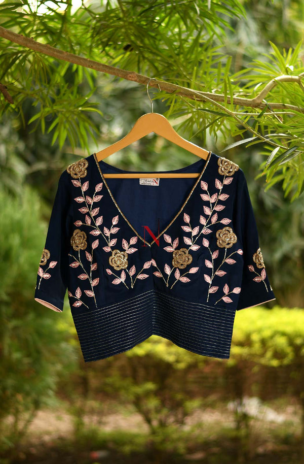 Navy Blue Pure Crepe Hand Embroidered Designer Blouse