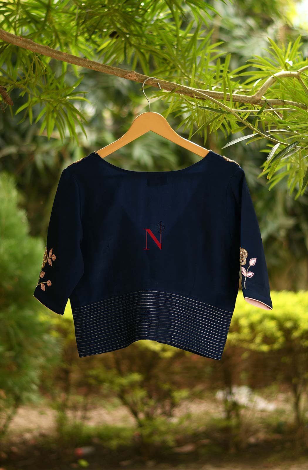Navy Blue Pure Crepe Hand Embroidered Designer Blouse - Naksheband