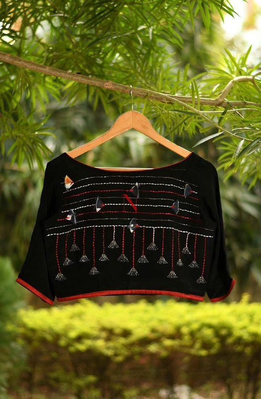 Black Pure Crepe Hand Embroidered Designer Blouse - Naksheband