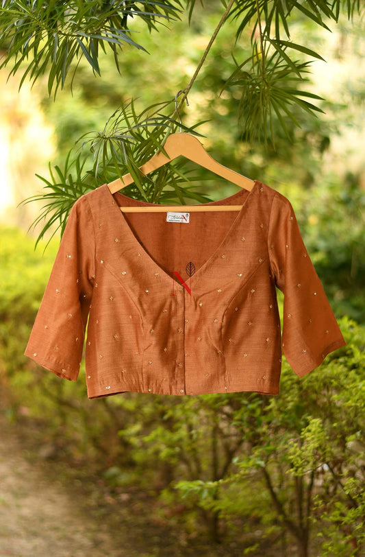 Brown Pure Muga Silk Hand Embroidered Designer Blouse - Naksheband