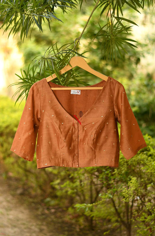 Brown Pure Muga Silk Hand Embroidered Designer Blouse