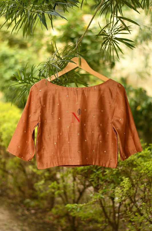 Brown Pure Muga Silk Hand Embroidered Designer Blouse - Naksheband