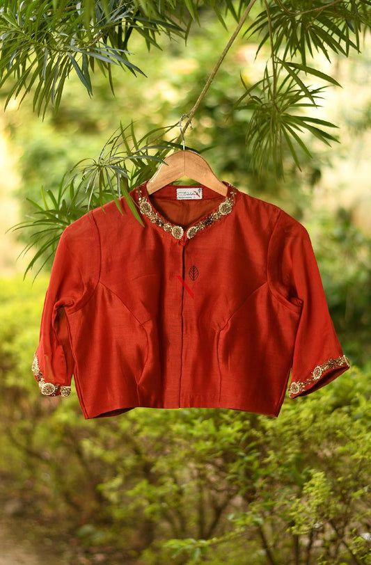 Rust Pure Silk Chanderi Hand Embroidered Designer Blouse - Naksheband