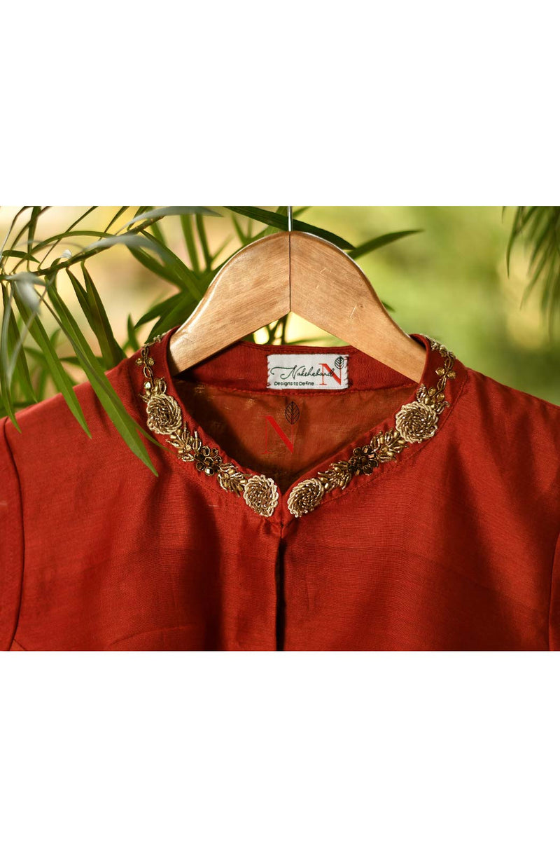 Rust Pure Silk Chanderi Hand Embroidered Designer Blouse