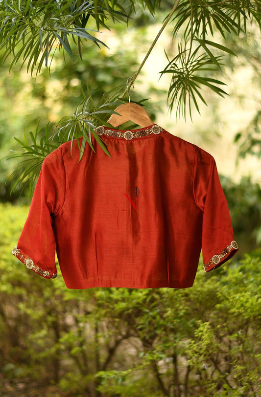 Rust Pure Silk Chanderi Hand Embroidered Designer Blouse - Naksheband