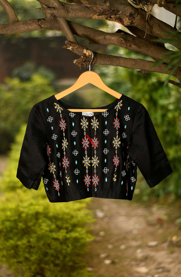 Black Pure Silk Chanderi Hand Embroidered Designer Blouse