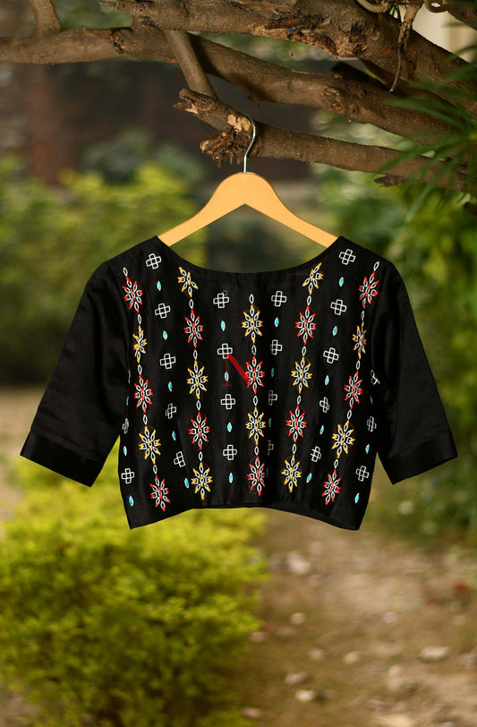 Black Pure Silk Chanderi Hand Embroidered Designer Blouse - Naksheband