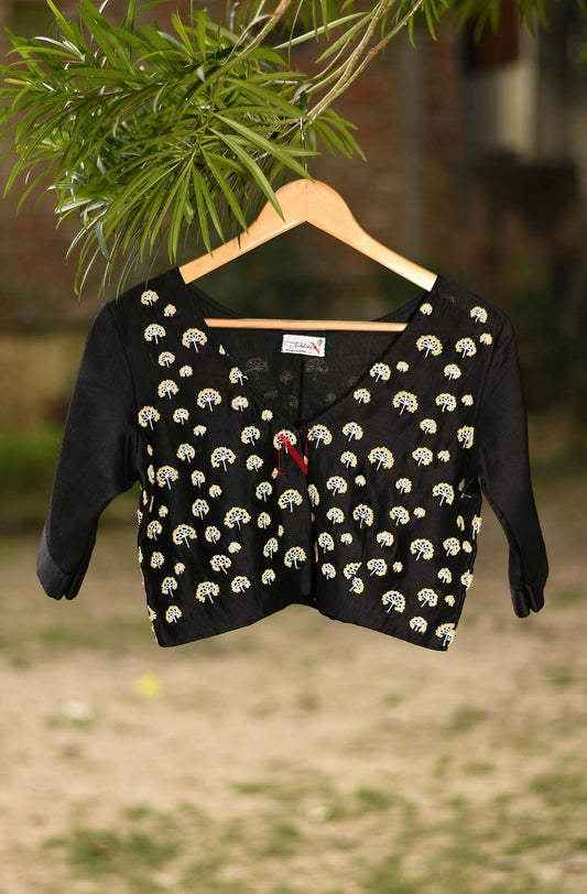 Black Pure Silk Chanderi Hand Embroidered Designer Blouse - Naksheband