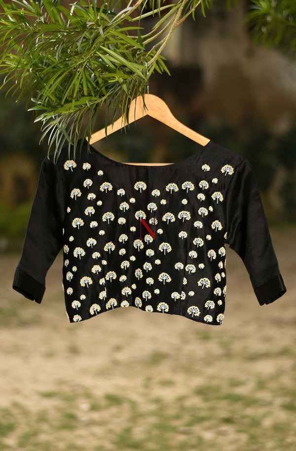 Black Pure Silk Chanderi Hand Embroidered Designer Blouse