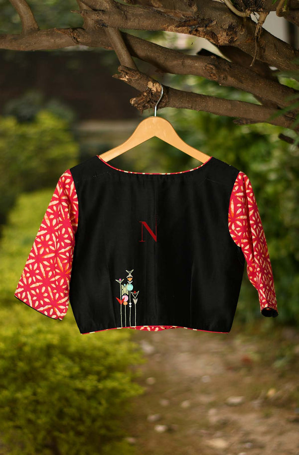 Black & Red Pure Silk Chanderi Hand Embroidered Designer Blouse