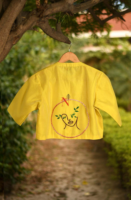 Yellow Pure Silk Chanderi Hand Embroidered Designer Blouse - Naksheband