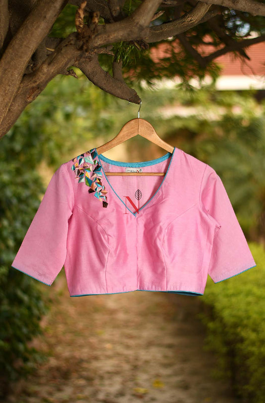 Pink Pure Silk Chanderi Hand Embroidered Designer Blouse - Naksheband