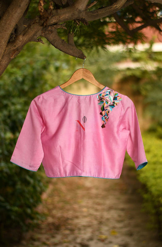 Pink Pure Silk Chanderi Hand Embroidered Designer Blouse - Naksheband