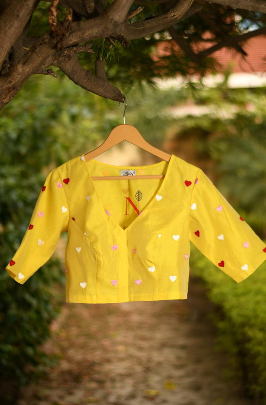Yellow Pure Silk Chanderi Hand Embroidered Designer Blouse - Naksheband