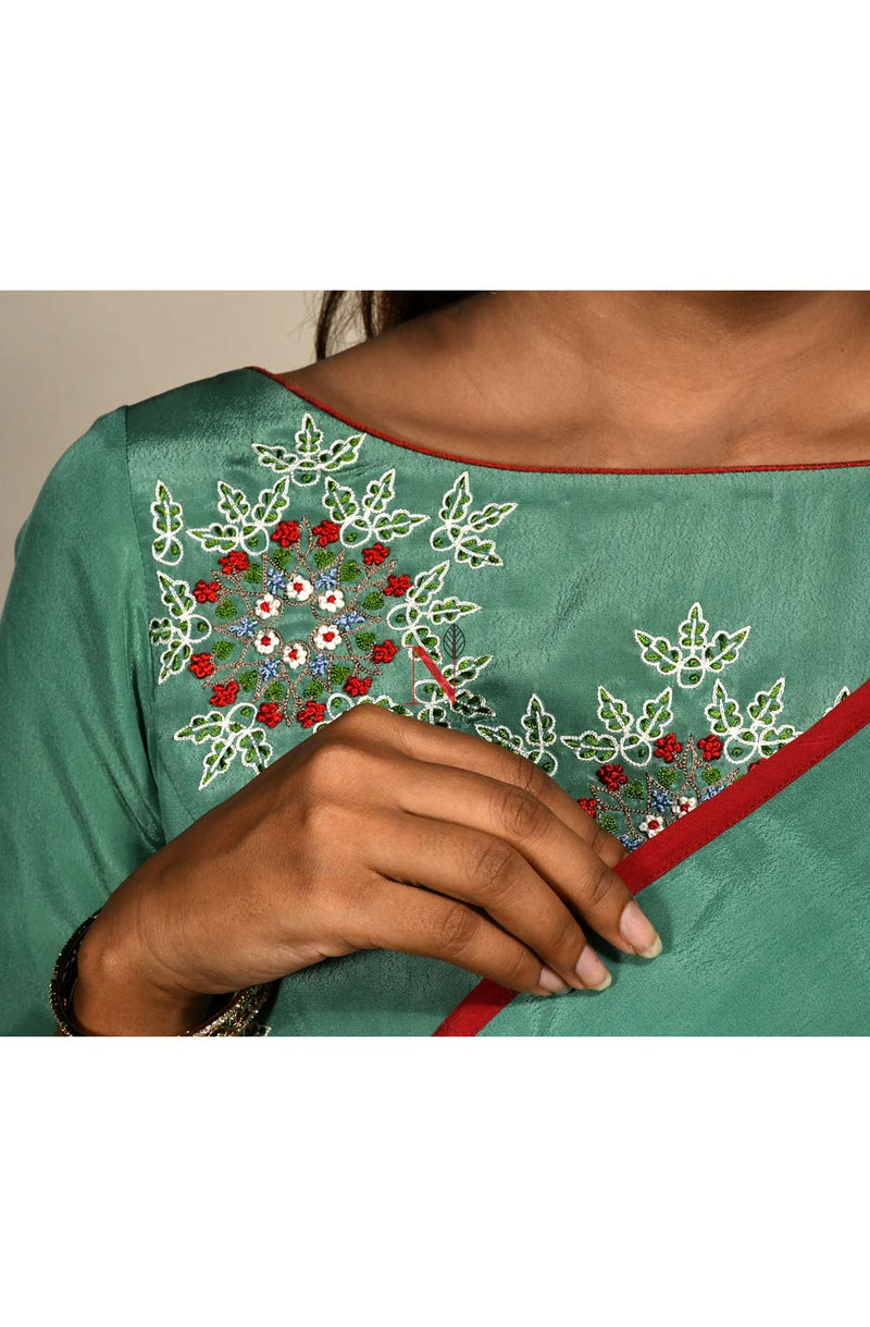 Deep Sea Green Pure Crepe Hand Embroidered Designer Blouse