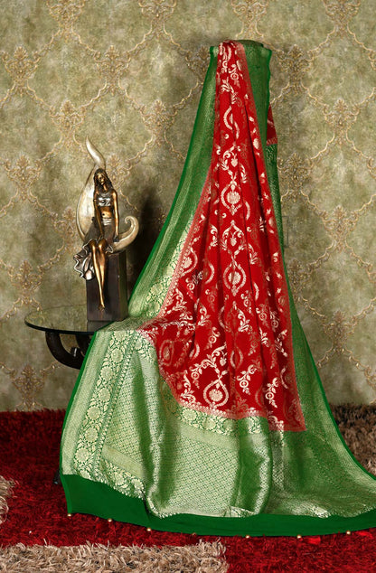 Red & Green Pure Banarasi Georgette Khaddi Dupatta