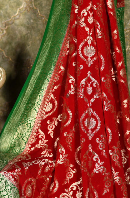 Red & Green Pure Banarasi Georgette Khaddi Dupatta