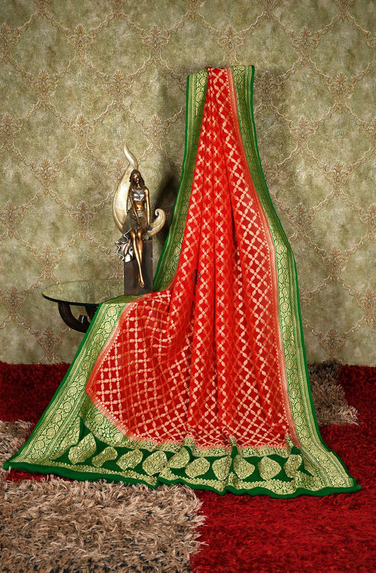 Red & Green Pure Banarasi Georgette Khaddi Dupatta