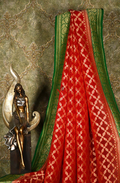 Red & Green Pure Banarasi Georgette Khaddi Dupatta