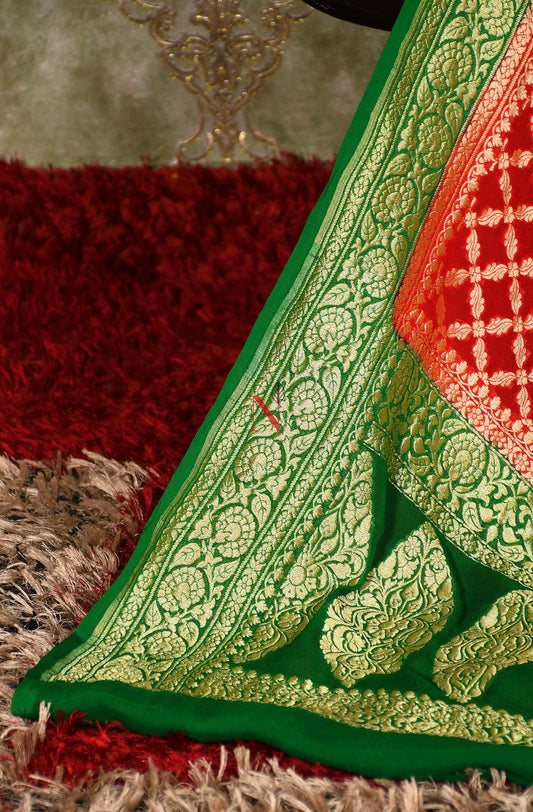 Red & Green Pure Banarasi Georgette Khaddi Dupatta