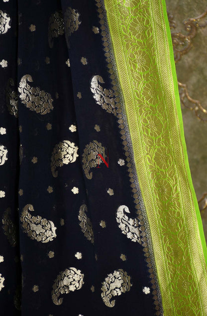 Black & Parrot Green Pure Banarasi Georgette Khaddi Dupatta