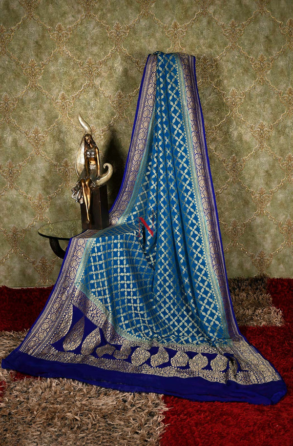Teal Blue & Blue Pure Banarasi Georgette Khaddi Dupatta