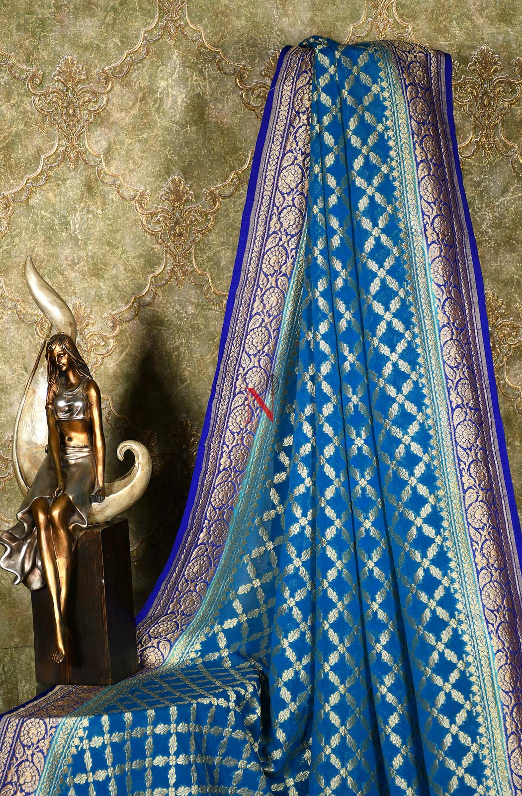 Teal Blue & Blue Pure Banarasi Georgette Khaddi Dupatta