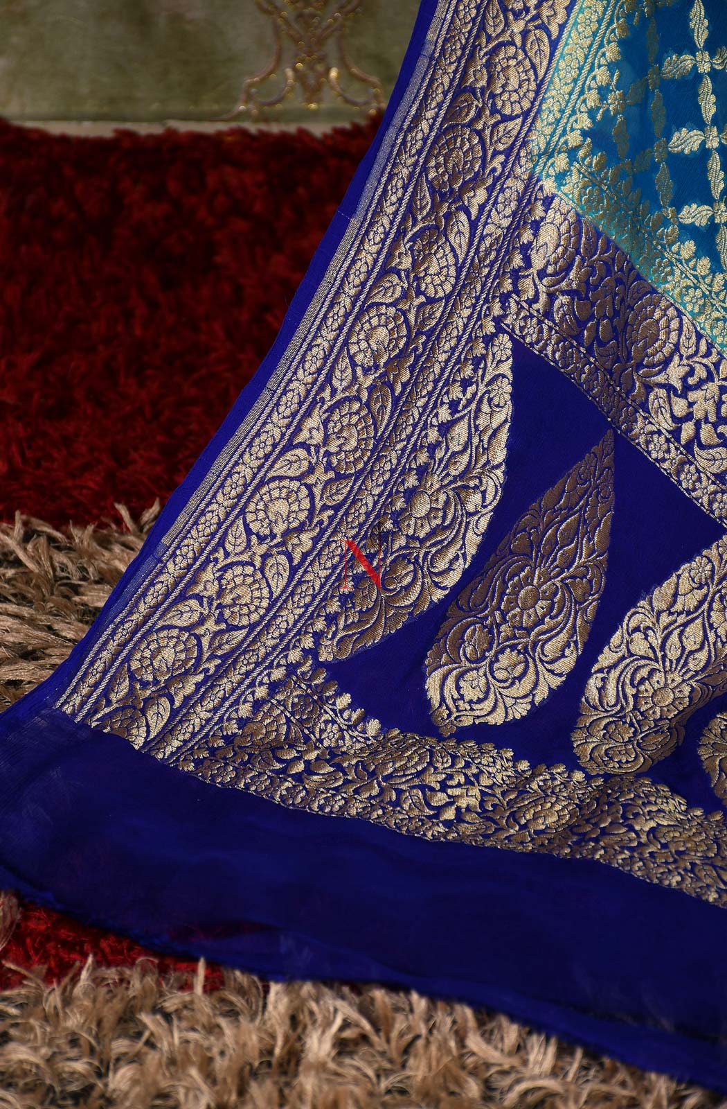 Teal Blue & Blue Pure Banarasi Georgette Khaddi Dupatta