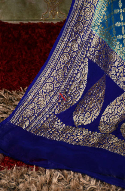 Teal Blue & Blue Pure Banarasi Georgette Khaddi Dupatta