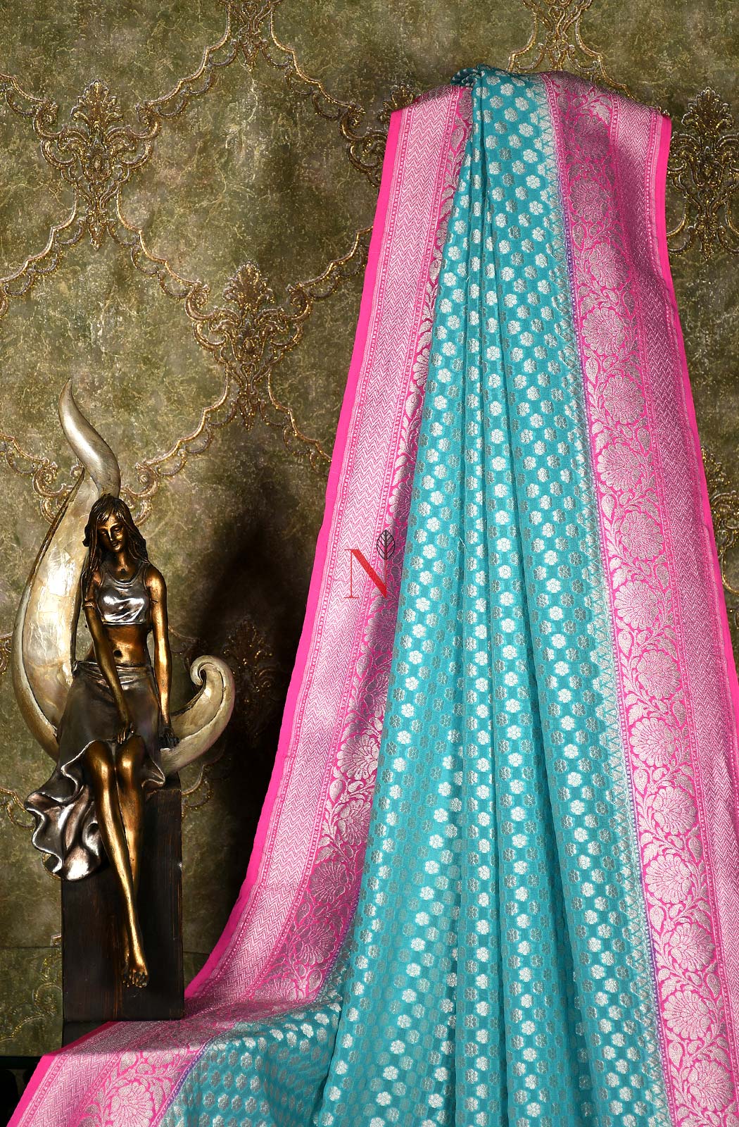 Firozi & Pink Pure Banarasi Georgette Khaddi Dupatta