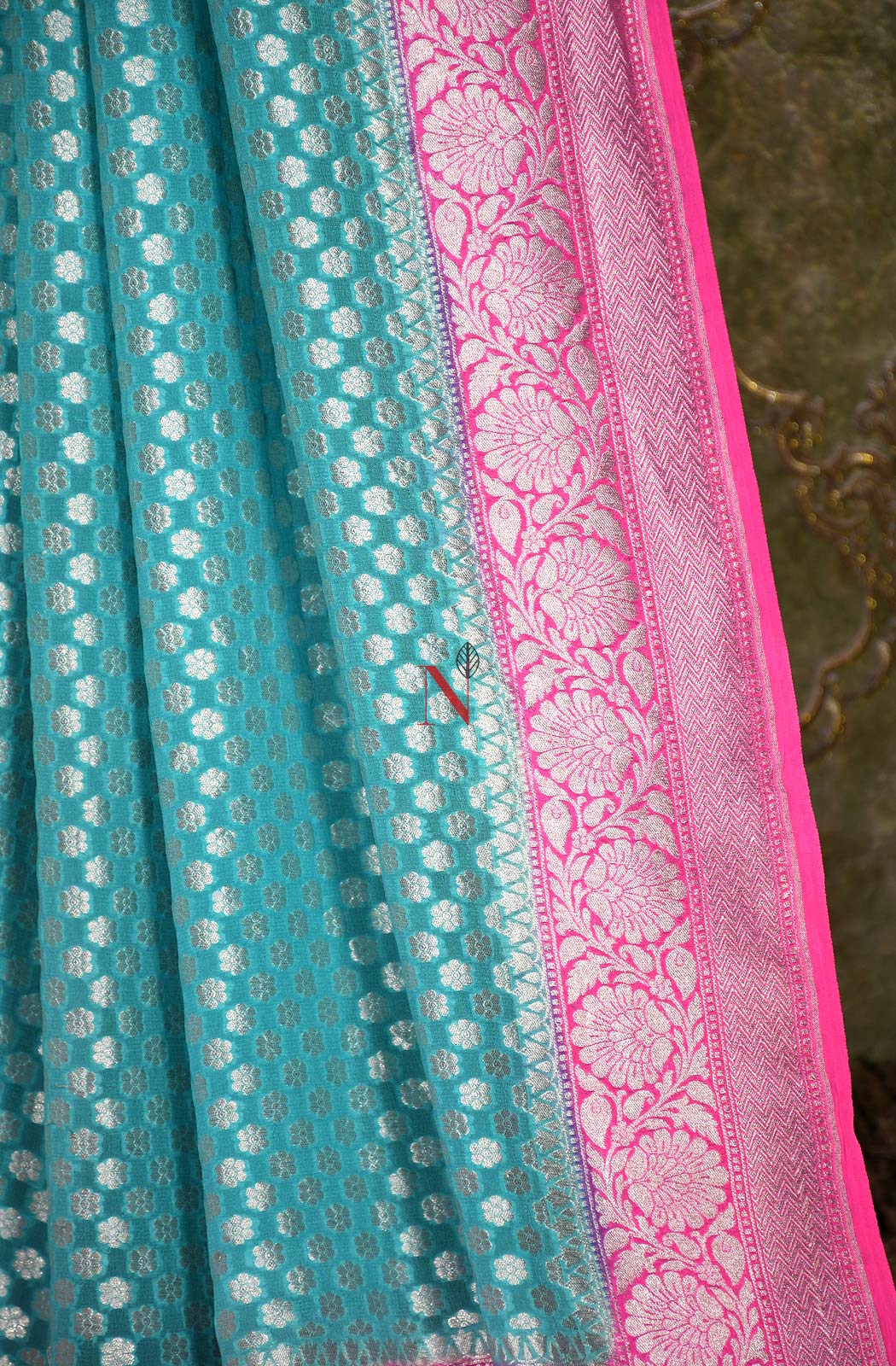 Firozi & Pink Pure Banarasi Georgette Khaddi Dupatta