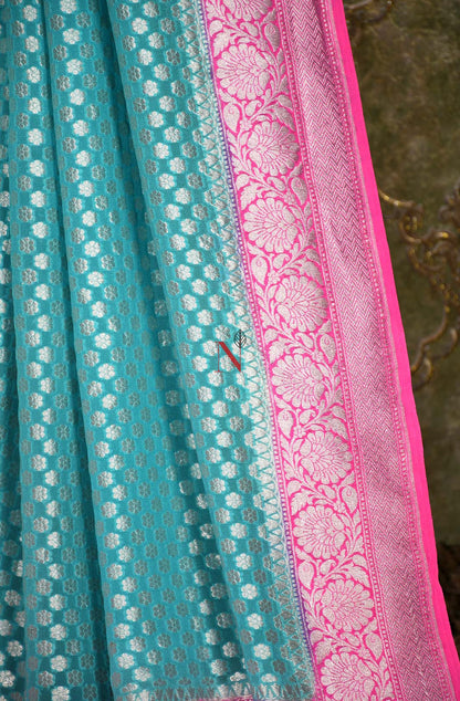 Firozi & Pink Pure Banarasi Georgette Khaddi Dupatta