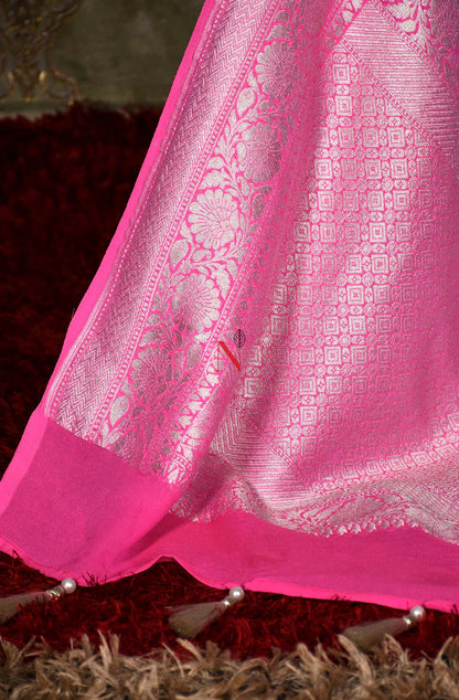 Firozi & Pink Pure Banarasi Georgette Khaddi Dupatta